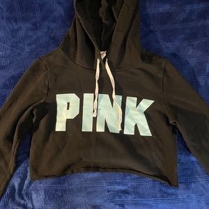 Juniors PINK XS black with blue logo hooded sweatshirt crop top.